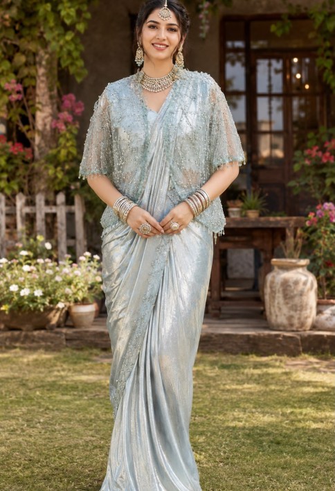 Aqua Blue Fancy Fabric Embroidered Work Contemporary Saree